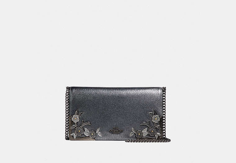 COACH®,CALLIE FOLDOVER CHAIN CLUTCH WITH METAL TEA ROSE,Leather,Mini,Pewter/Metallic Graphite,Front View