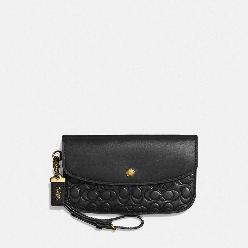 COACH®,CLUTCH IN SIGNATURE LEATHER,Leather,Brass/Black,Front View
