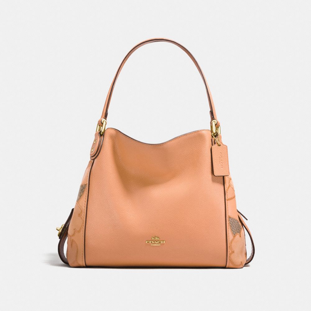 COACH®,EDIE SHOULDER BAG 31 WITH PATCHWORK TEA ROSE AND SNAKESKIN DETAIL,Leather,Large,Light Gold/Apricot,Front View