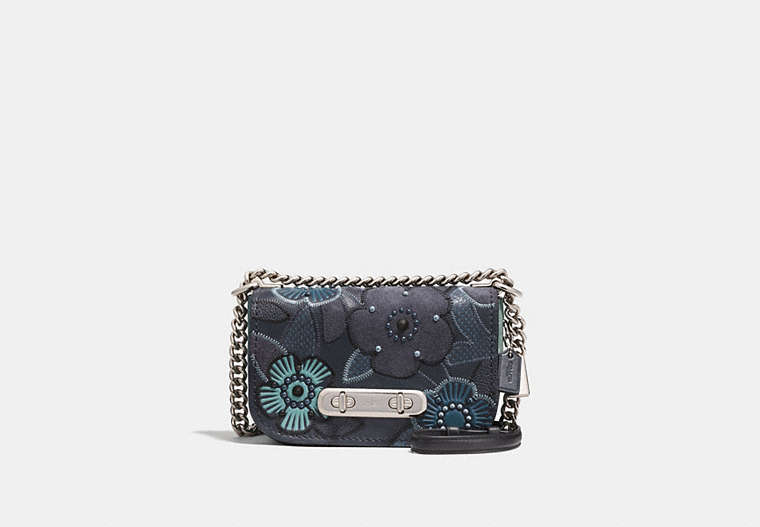 COACH®,COACH SWAGGER SHOULDER BAG 20 WITH PATCHWORK TEA ROSE AND SNAKESKIN DETAIL,Leather,Mini,Silver/NAVY MULTI,Front View