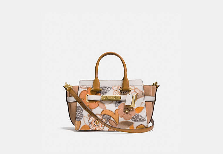 COACH®,COACH SWAGGER 27 WITH PATCHWORK TEA ROSE AND SNAKESKIN DETAIL,Leather,Large,Light Gold/Chalk Multi,Front View