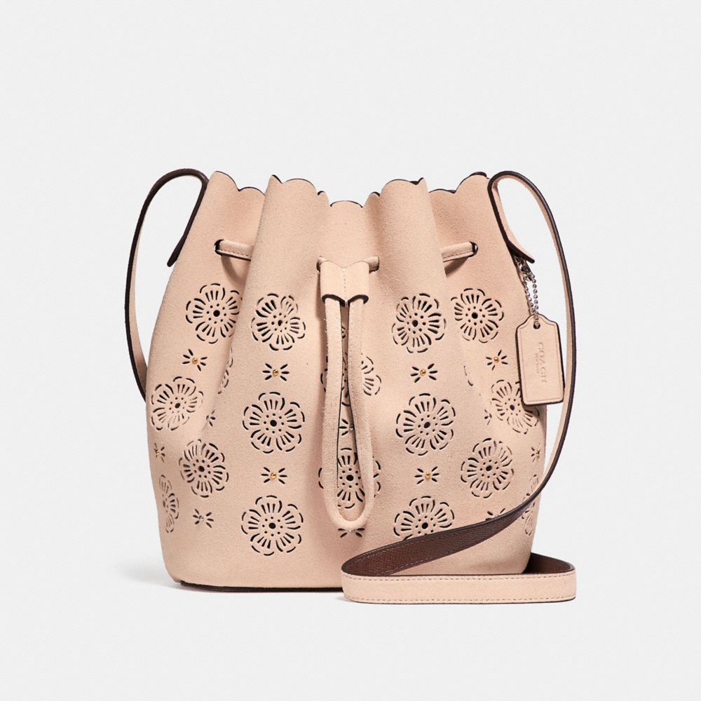 COACH®,BUCKET BAG 18 WITH CUT OUT TEA ROSE,Leather,Medium,Light Gold/Beechwood,Front View