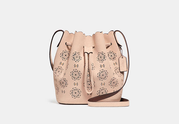 COACH®,BUCKET BAG 18 WITH CUT OUT TEA ROSE,Leather,Medium,Light Gold/Beechwood,Front View