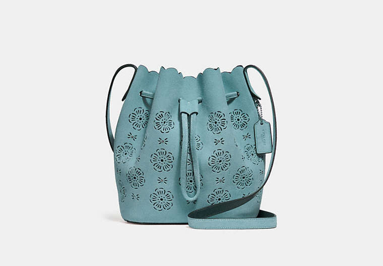 COACH®,BUCKET BAG 18 WITH CUT OUT TEA ROSE,Leather,Medium,Silver/Marine,Front View