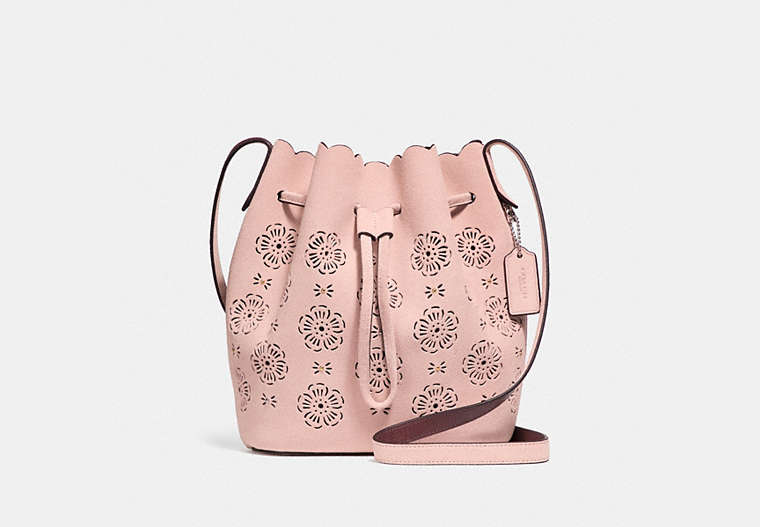 COACH®,BUCKET BAG 18 WITH CUT OUT TEA ROSE,Leather,Medium,Silver/Peony,Front View