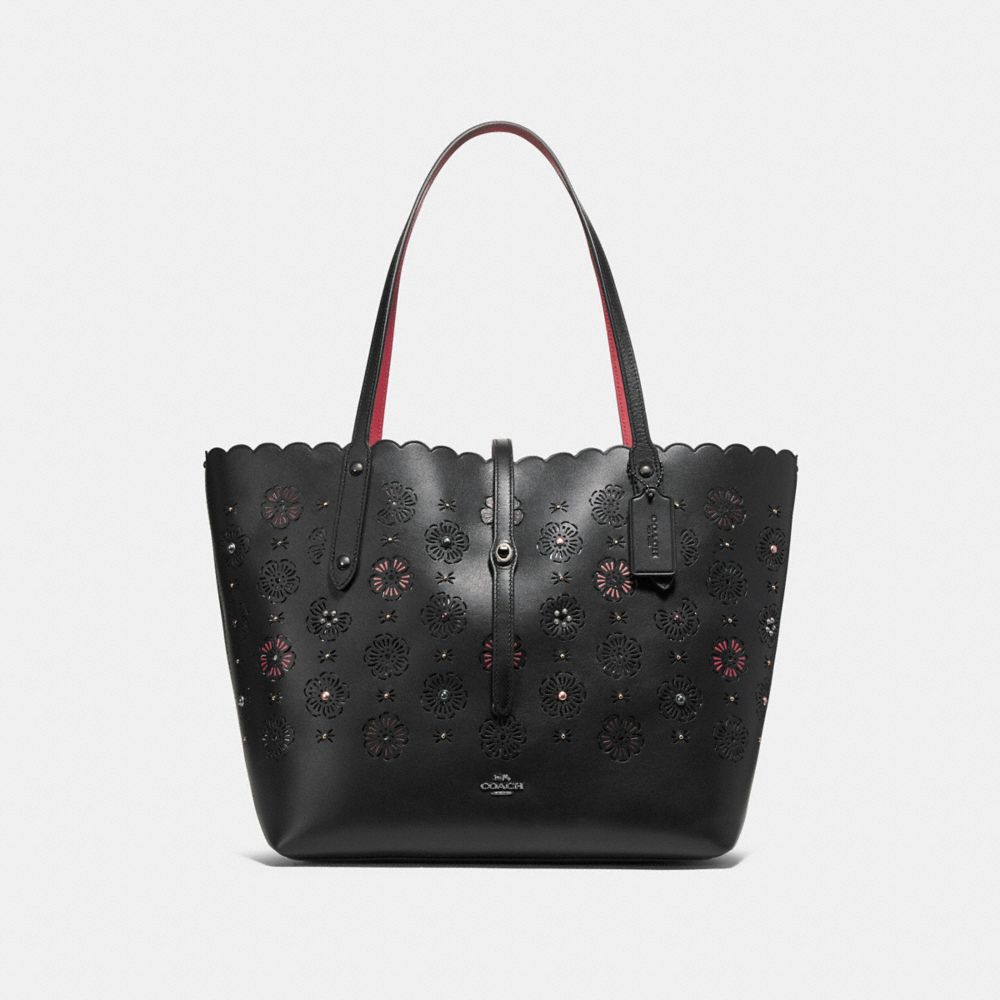 COACH®,MARKET TOTE WITH CUT OUT TEA ROSE,Leather,Large,Gunmetal/Black Multi,Front View
