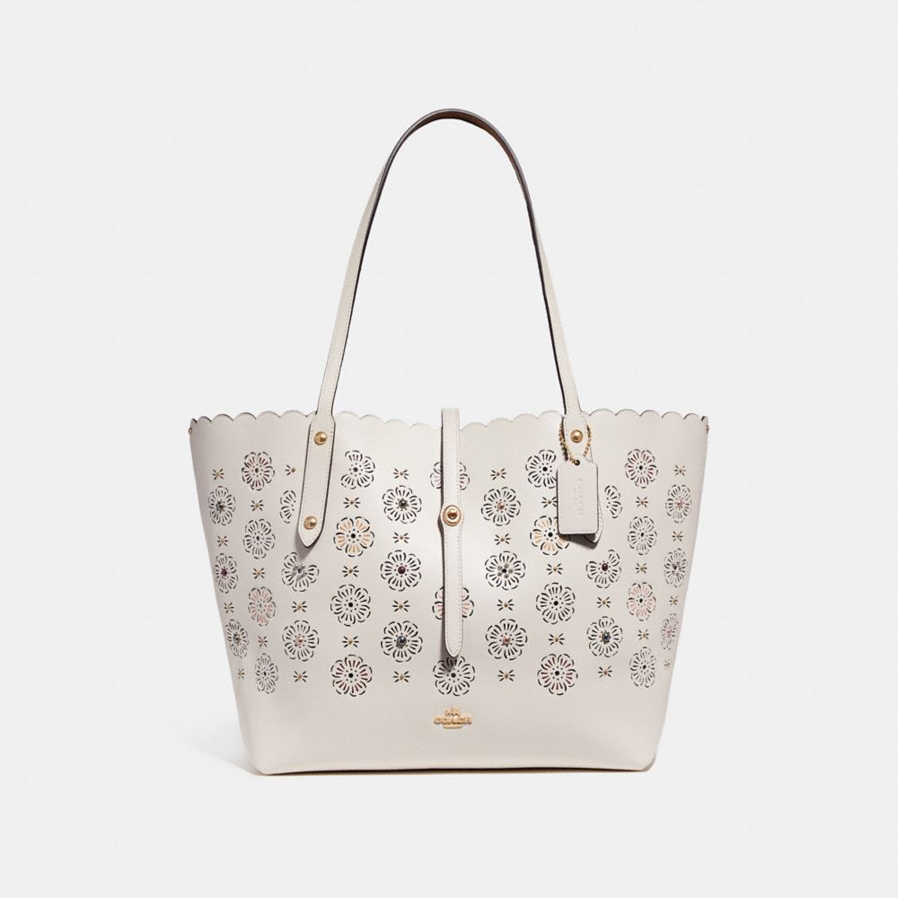 COACH®,MARKET TOTE WITH CUT OUT TEA ROSE,Leather,Large,Light Gold/Chalk Multi,Front View