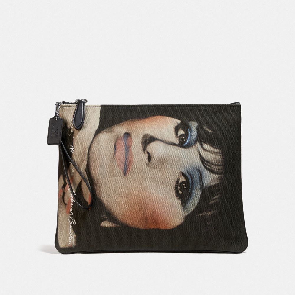 COACH®,COACH X RICHARD BERNSTEIN POUCH 32 WITH BARBRA STREISAND,cotton,Light Antique Nickel/Black,Front View image number 0