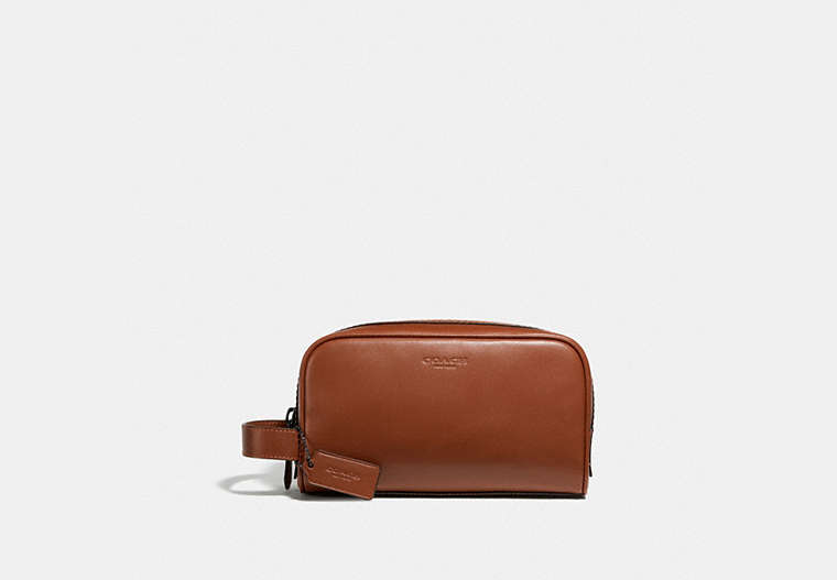 COACH®,SMALL TRAVEL KIT,Leather,Medium,Gunmetal/Redwood,Front View
