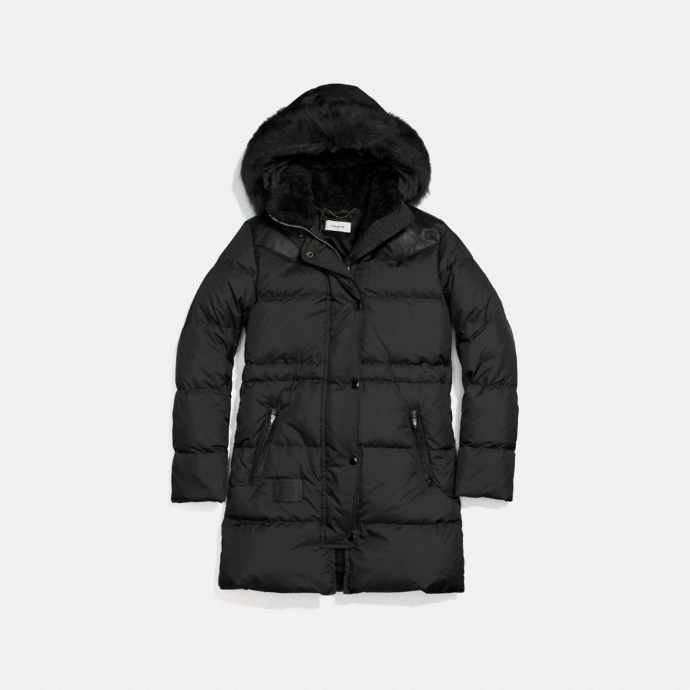 COACH®,SHEARLING PUFFER COAT,Polyester,Black,Front View