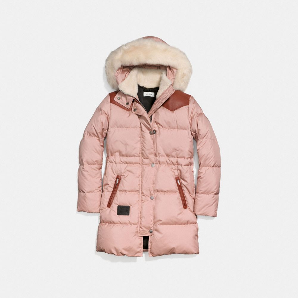 COACH®,SHEARLING PUFFER COAT,Polyester,Dusty Pink,Front View