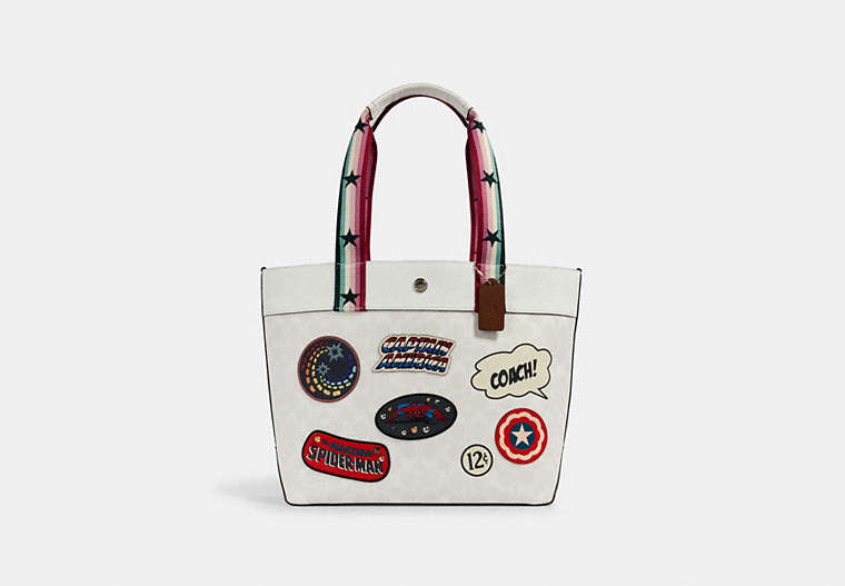 COACH®,COACH │ MARVEL JES TOTE IN SIGNATURE CANVAS WITH PATCHES,pvc,Medium,Silver/Chalk Multi,Front View
