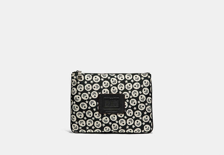 COACH®,MULTIFUNCTIONAL POUCH WITH CHEVRON STAR PRINT,Leather,Black/Chalk,Front View