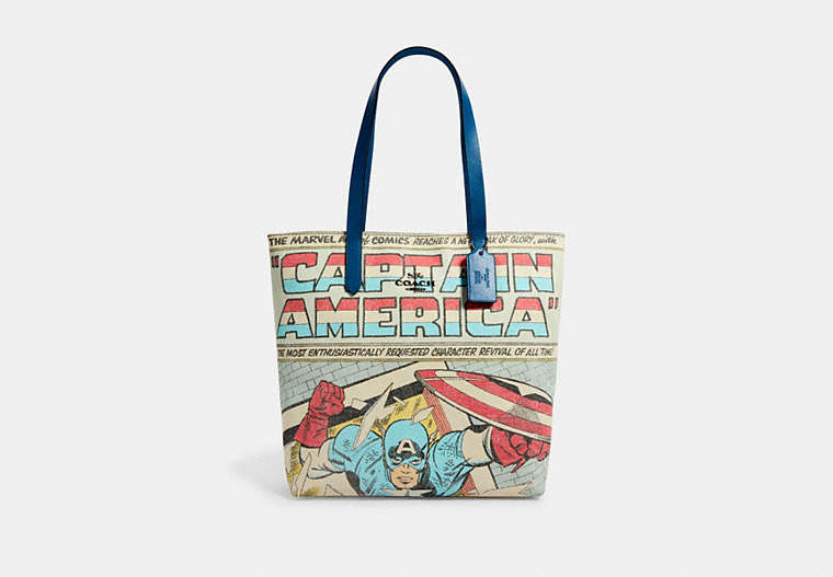 COACH®,COACH │ MARVEL TOTE WITH CAPTAIN AMERICA,cotton,Medium,Silver/Blue Jay Multi,Front View
