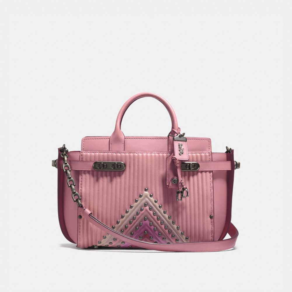 COACH®,COACH DOUBLE SWAGGER WITH COLORBLOCK QUILTING AND RIVETS,Quilted nappa leather,Large,Pewter/Dusty Rose Multi,Front View