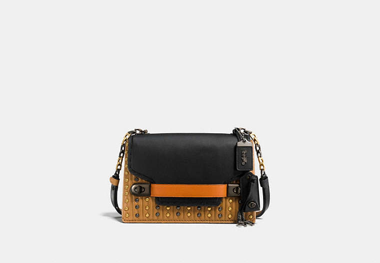COACH®,COACH SWAGGER CHAIN CROSSBODY WITH COLORBLOCK QUILTING AND RIVETS,Glovetanned Leather,Small,Black Copper/Black,Front View