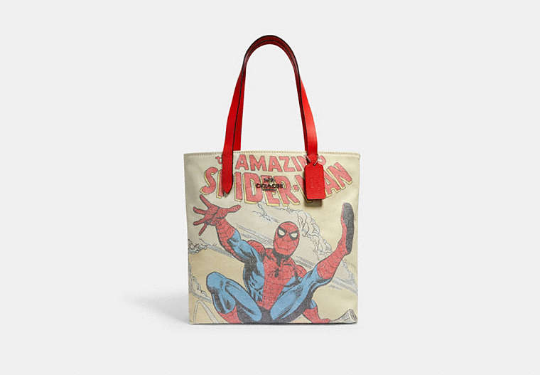 COACH®,COACH │ MARVEL TOTE WITH SPIDER-MAN,cotton,Medium,Silver/Miami Red Multi,Front View