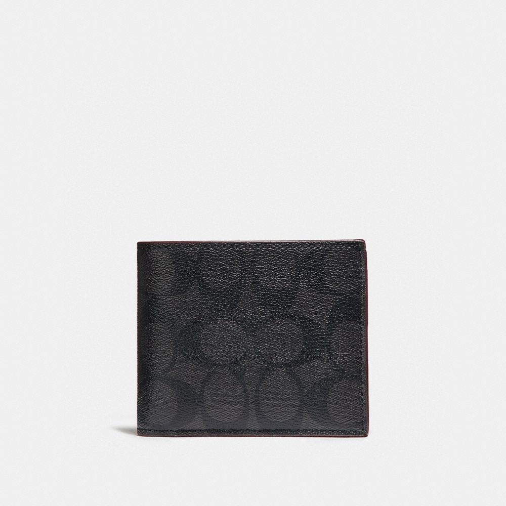 COACH®,3 IN 1 WALLET IN SIGNATURE CANVAS,Mini,Black/Black/Oxblood,Front View image number 0