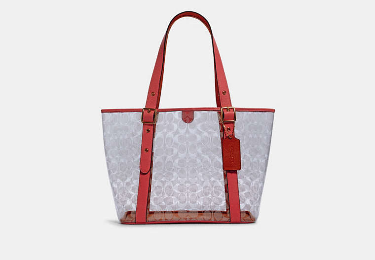COACH®,SMALL FERRY TOTE IN SIGNATURE CLEAR CANVAS,pvc,Gold/Clear/ Pink Lemonade,Front View