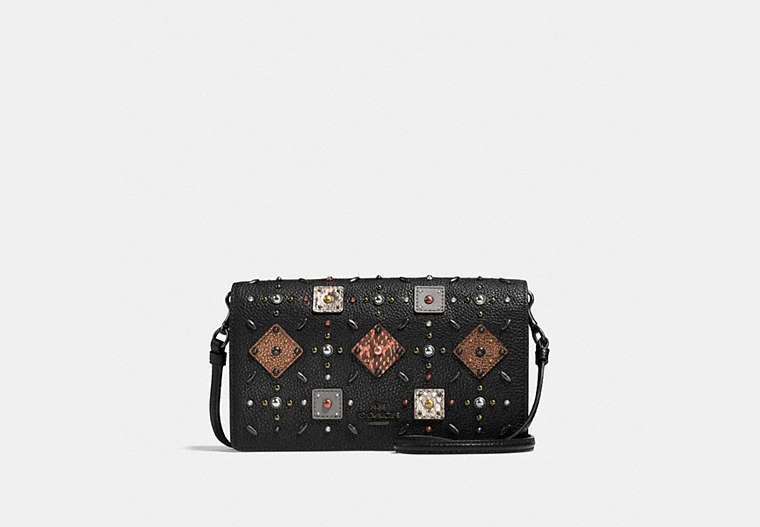 Foldover Crossbody Clutch With Prairie Rivets And Snakeskin Detail