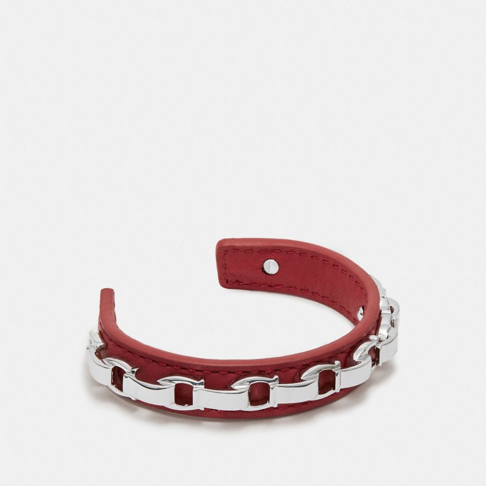 COACH®,SIGNATURE CUFF,Leather,Silver/Washed Red,Front View