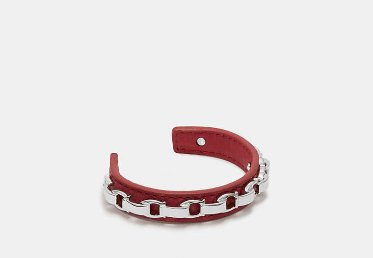 COACH®,SIGNATURE CUFF,Leather,Silver/Washed Red,Front View