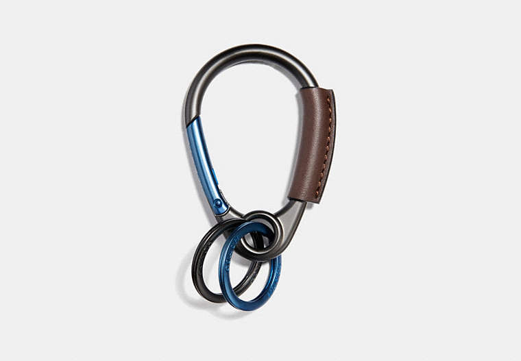 COACH®,CARABINER KEY RING,Leather,Denim/Mahogany,Front View
