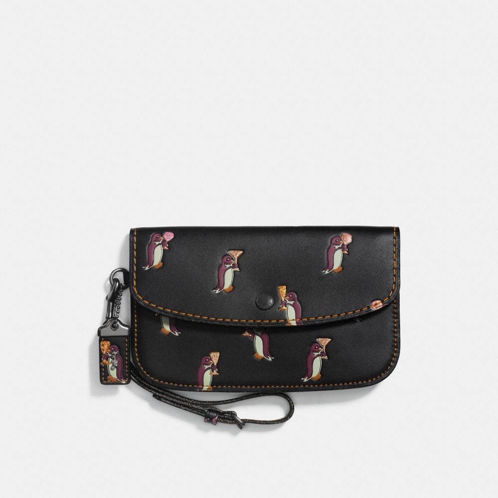 COACH®,CLUTCH WITH PENGUIN PRINT,Leather,Black Copper/Black,Front View