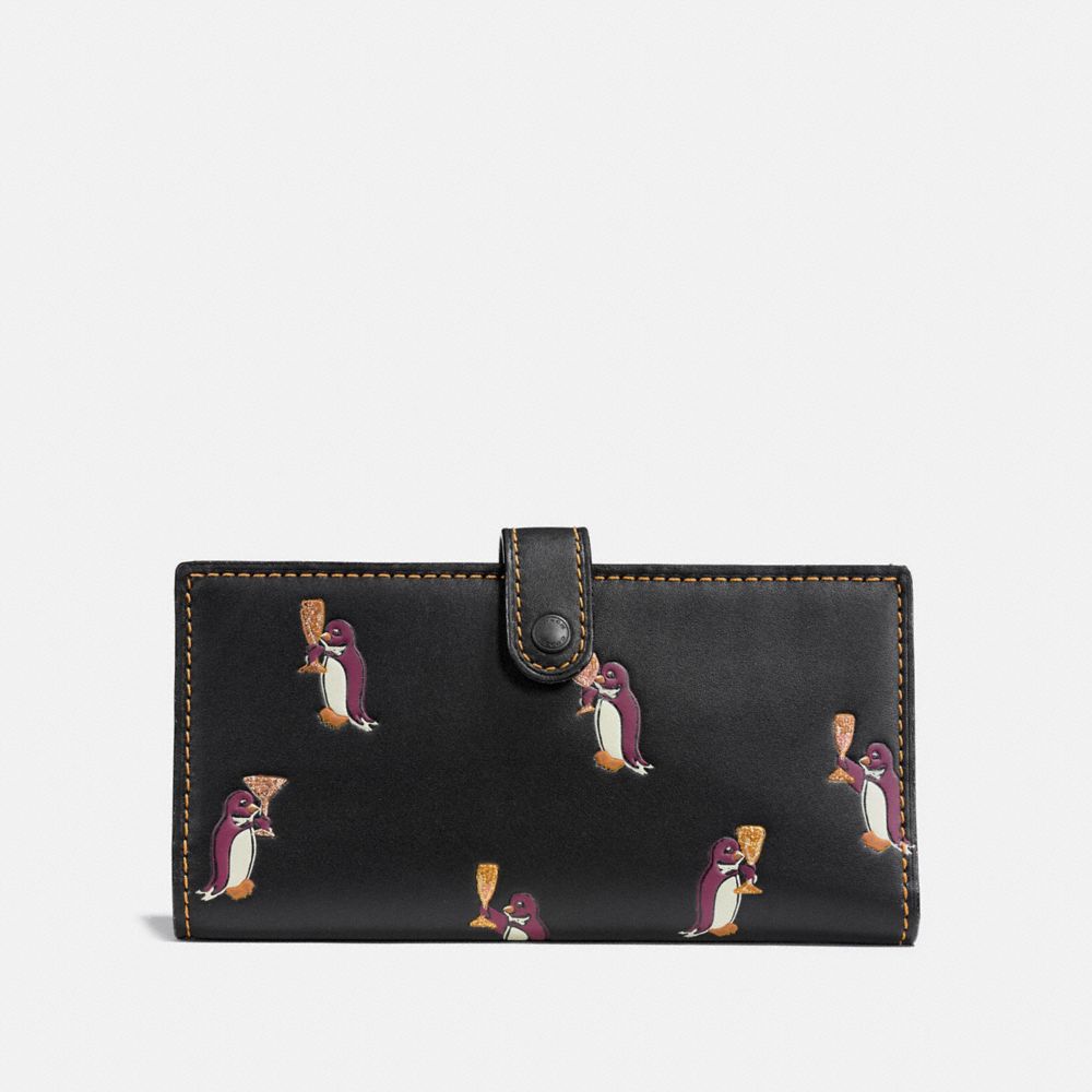 COACH®,SLIM TRIFOLD WALLET WITH PENGUIN PRINT,Leather,Black Copper/Black,Front View