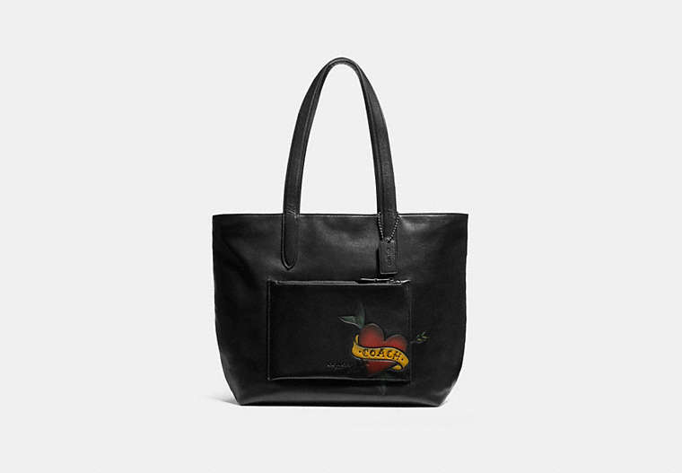 COACH®,METROPOLITAN SOFT TOTE WITH TATTOO TOOLING,Leather,Large,Black Antique Nickel/Black,Front View