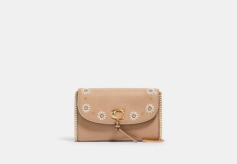 COACH®,REMI CHAIN CROSSBODY WITH WHIPSTITCH DAISY APPLIQUE,Gold/Taupe,Front View