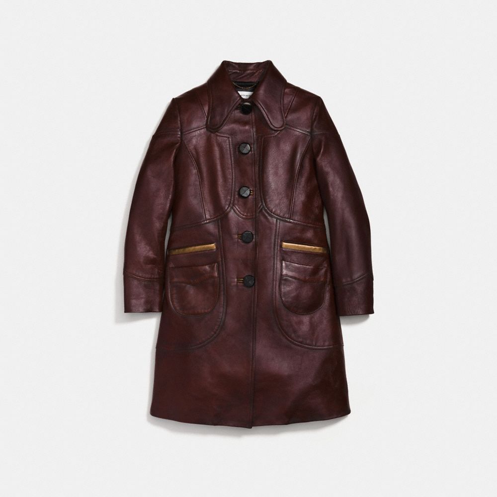 COACH®,LANDSCAPE LEATHER COAT,Leather,TOBACCO,Front View