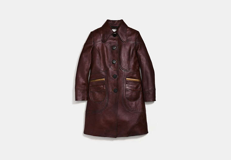 COACH®,LANDSCAPE LEATHER COAT,Leather,TOBACCO,Front View