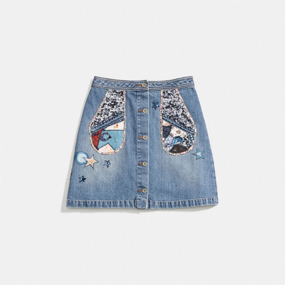 COACH®: Patchwork Denim Skirt