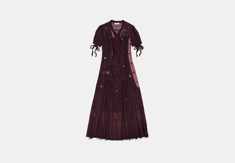 COACH®,LONG STAR PRINT TIE NECK DRESS,Other,Burgundy,Front View image number 0