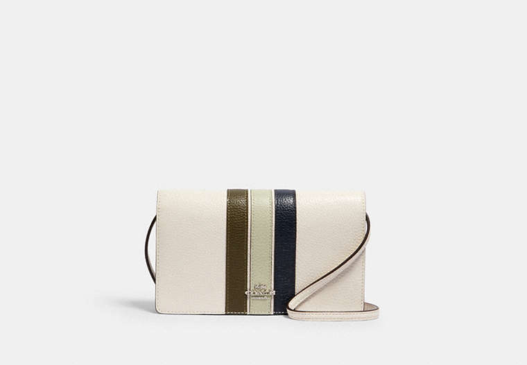 COACH®,ANNA FOLDOVER CROSSBODY CLUTCH WITH VARSITY STRIPE,Leather,Silver/Chalk Pale Green Multi,Front View