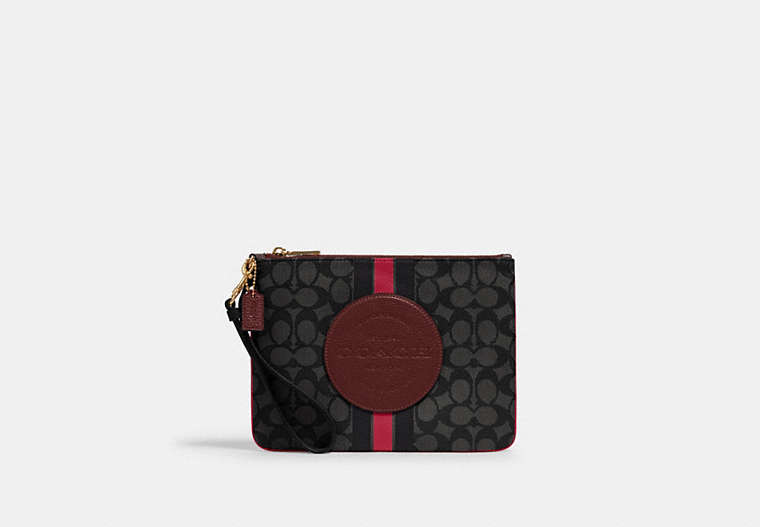 COACH®,DEMPSEY GALLERY POUCH IN SIGNATURE JACQUARD WITH STRIPE AND COACH PATCH,cotton,Gold/Black Wine Multi,Front View