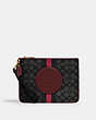 COACH®,DEMPSEY GALLERY POUCH IN SIGNATURE JACQUARD WITH STRIPE AND COACH PATCH,cotton,Gold/Black Wine Multi,Front View