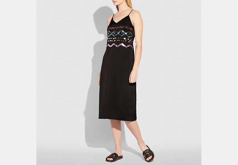 COACH®,ZIGZAG EMBELLISHED SLIP DRESS,Mixed Material,Black,Front View