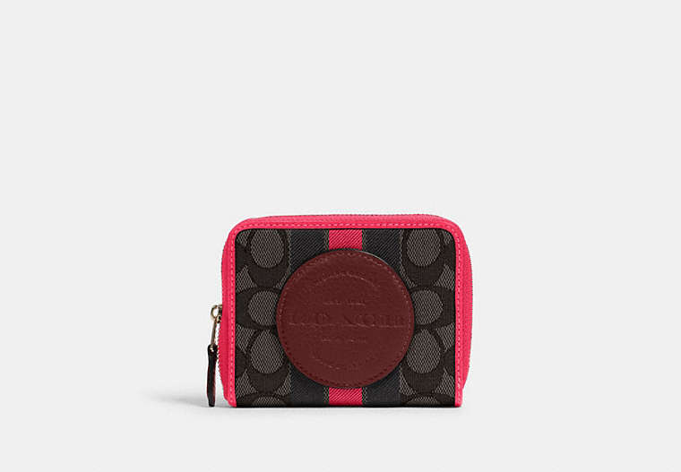 COACH®,DEMPSEY SMALL ZIP AROUND WALLET IN SIGNATURE JACQUARD WITH STRIPE AND COACH PATCH,Gold/Black Wine Multi,Front View
