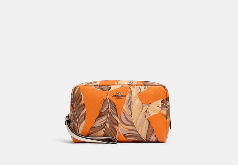 COACH®,BOXY COSMETIC CASE WITH BANANA LEAVES PRINT,Gold/Redwood Sunbeam Multi,Front View