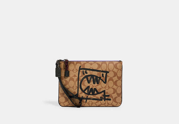 COACH®,GALLERY POUCH IN SIGNATURE CANVAS WITH REXY BY GUANG YU,pvc,Gunmetal/Khaki Black Multi,Front View
