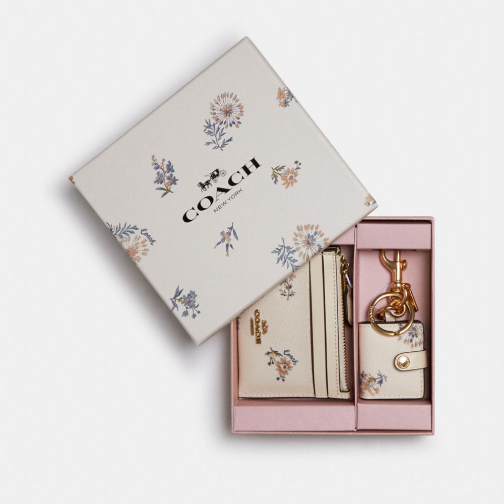Boxed Mini Skinny Id Case And Picture Frame Bag Charm Set With Dandelion Floral Print