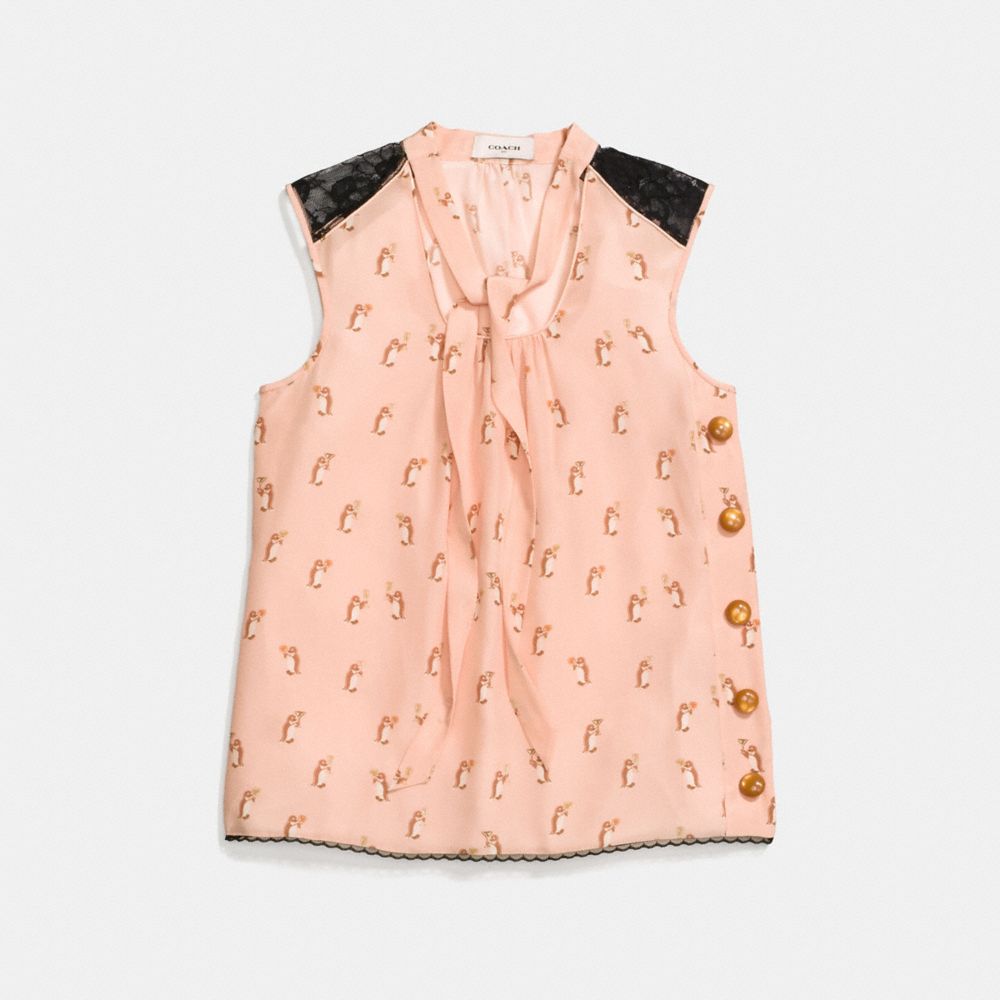 Penguin Print Tie Neck Blouse