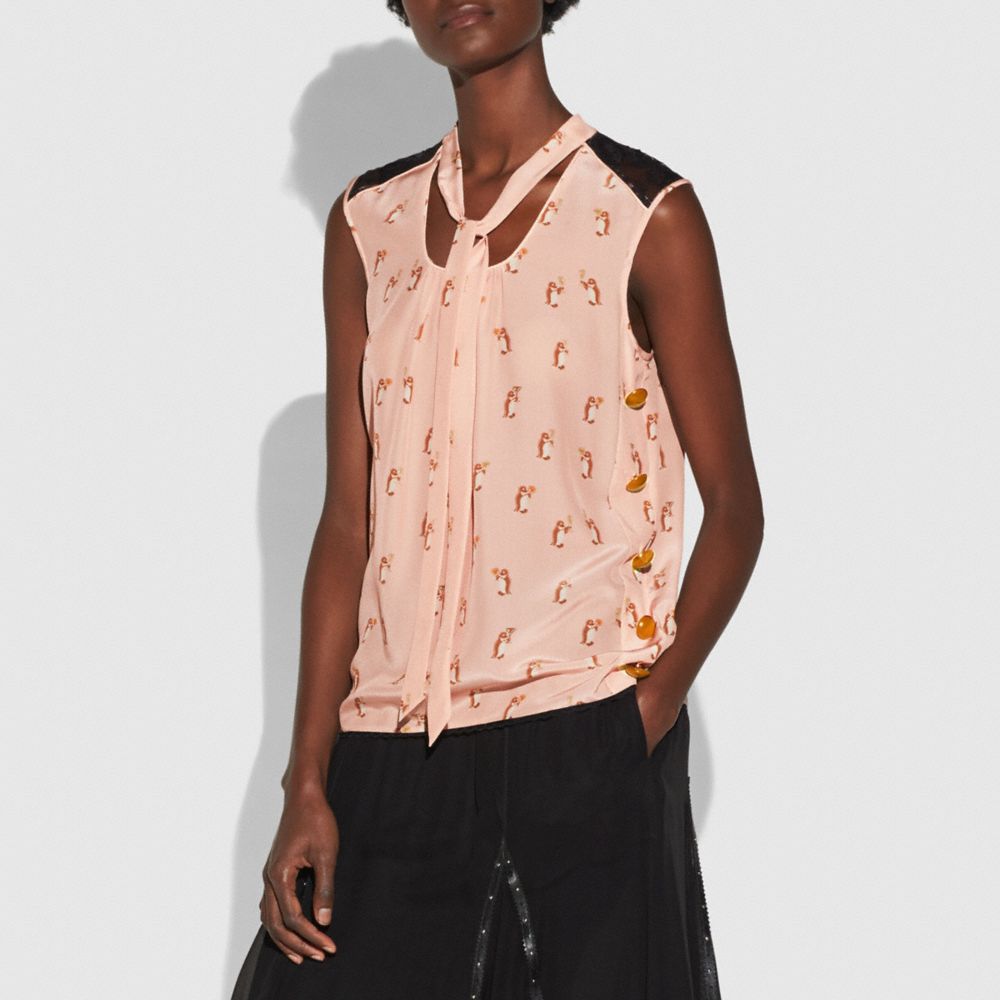 Penguin Print Tie Neck Blouse