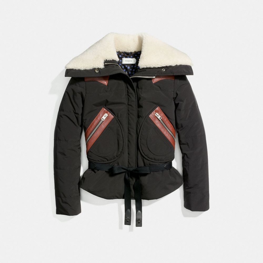 COACH®,PUFFER JACKET WITH SHEARLING,Nylon,Black,Front View