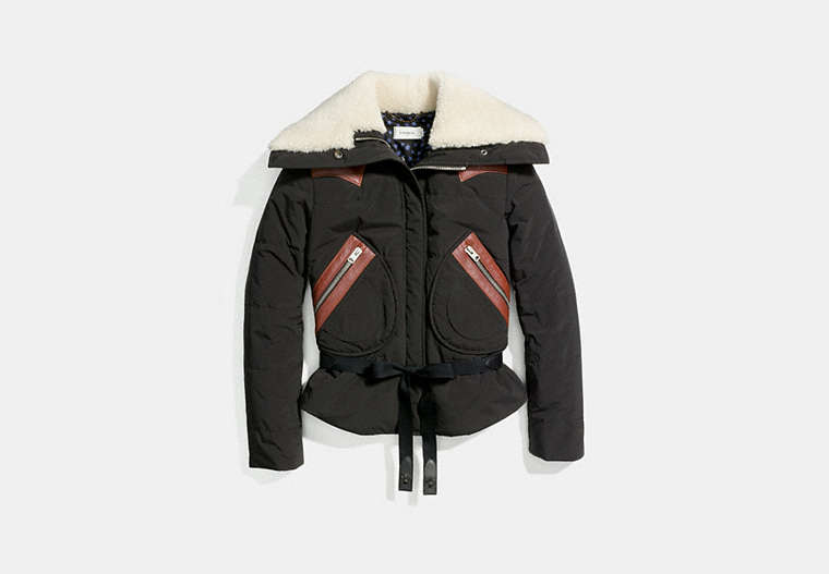 COACH®,PUFFER JACKET WITH SHEARLING,Nylon,Black,Front View
