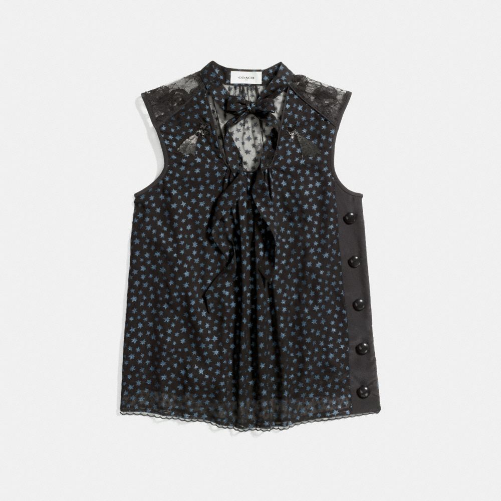 COACH®,STAR PRINT SLEEVELESS TIE NECK BLOUSE,Other,NAVY,Front View