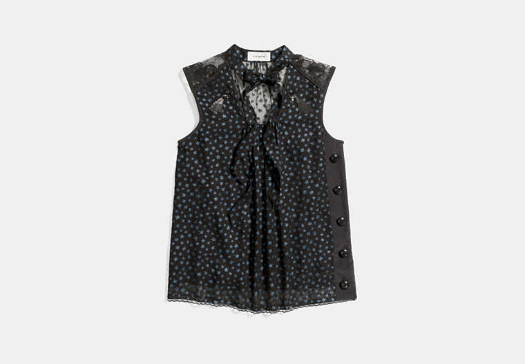 COACH®,STAR PRINT SLEEVELESS TIE NECK BLOUSE,Other,NAVY,Front View