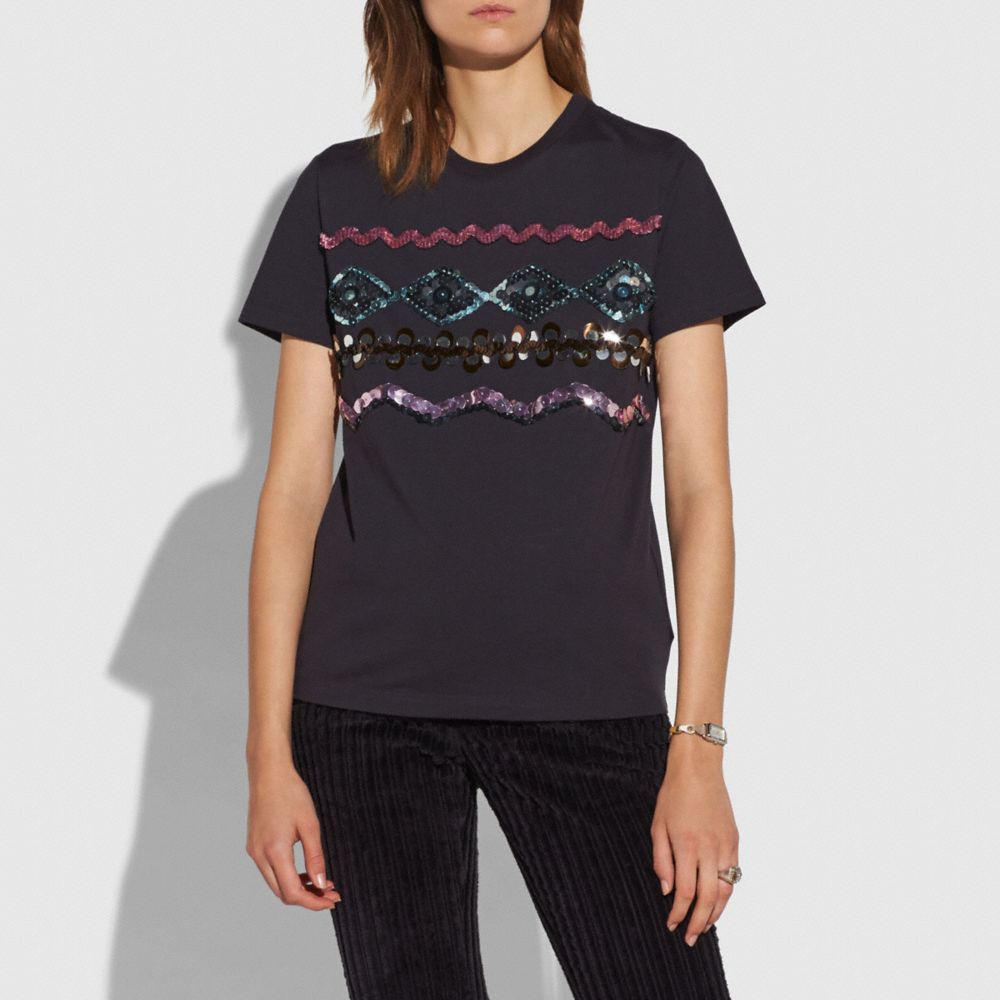 COACH®,Zigzag Embellished T Shirt,,Scale View